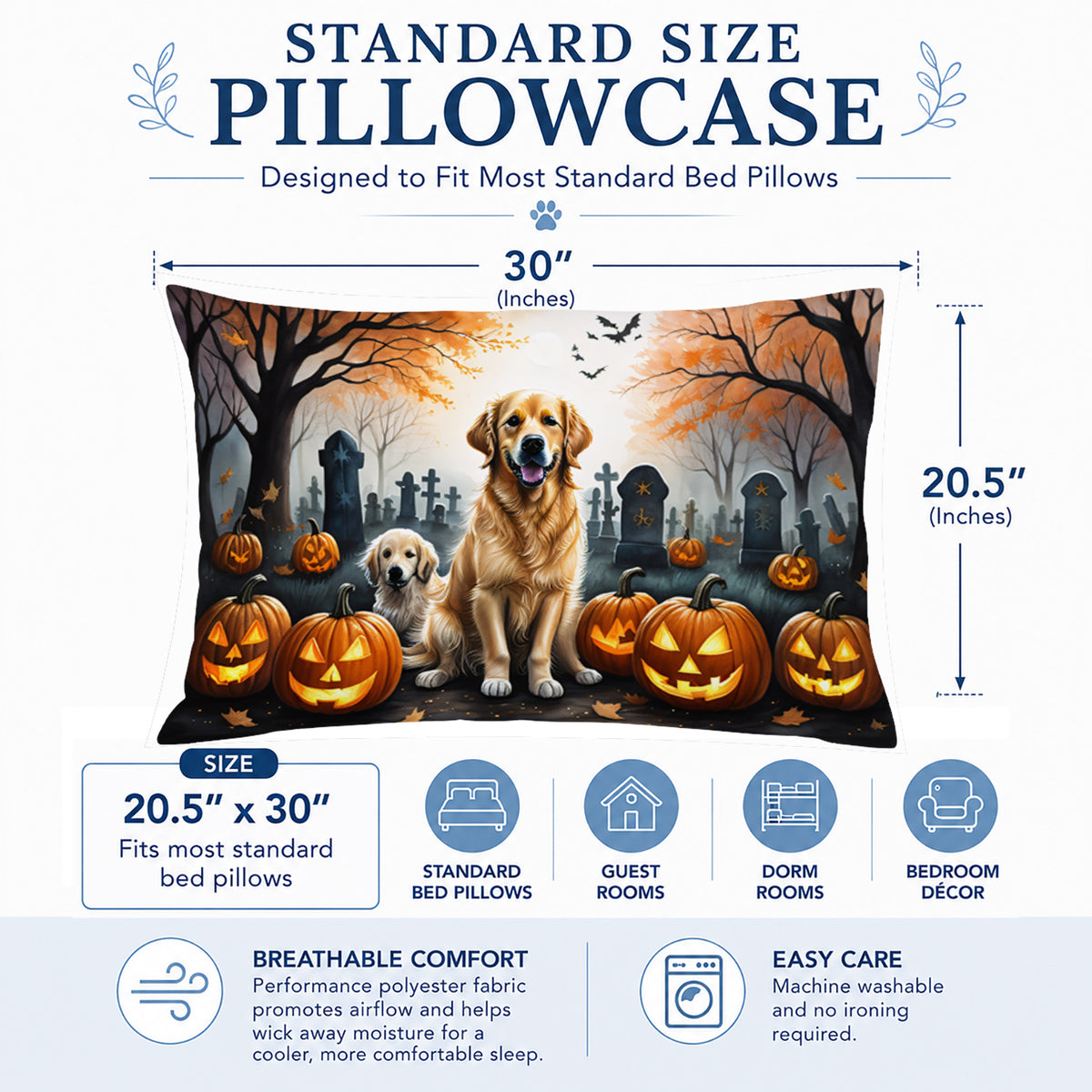 Caroline's Treasures DAC2043PILLOWCASE Golden Retriever Spooky Halloween Fabric Standard Pillowcase Lightweight Super Soft Easy Care Decorative Artwork Pillowcase, Standard