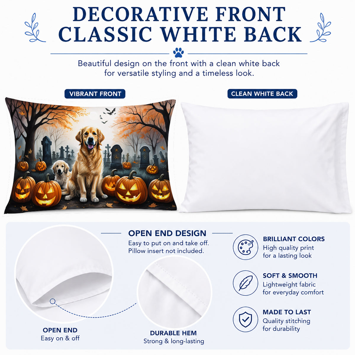 Caroline's Treasures DAC2043PILLOWCASE Golden Retriever Spooky Halloween Fabric Standard Pillowcase Lightweight Super Soft Easy Care Decorative Artwork Pillowcase, Standard