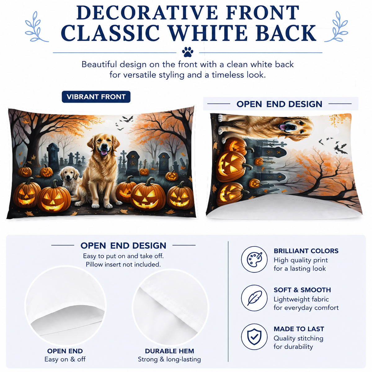 Caroline's Treasures DAC2043PILLOWCASE Golden Retriever Spooky Halloween Fabric Standard Pillowcase Lightweight Super Soft Easy Care Decorative Artwork Pillowcase, Standard