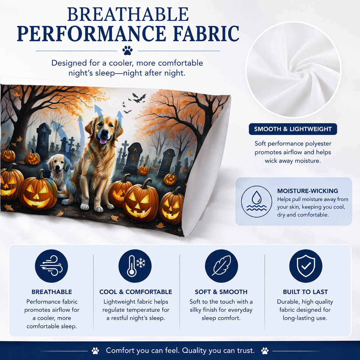 Caroline's Treasures DAC2043PILLOWCASE Golden Retriever Spooky Halloween Fabric Standard Pillowcase Lightweight Super Soft Easy Care Decorative Artwork Pillowcase, Standard