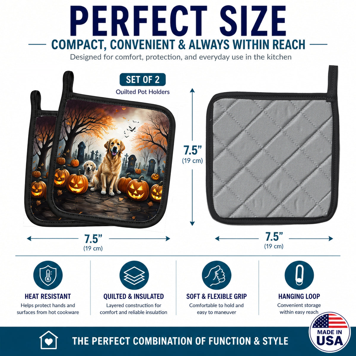 Caroline's Treasures DAC2043PTHD Golden Retriever Spooky Halloween Pair of Pot Holders Kitchen Heat Resistant Pot Holders Sets Oven Hot Pads for Cooking Baking BBQ, 7 1/2 x 7 1/2