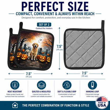 Caroline's Treasures DAC2043PTHD Golden Retriever Spooky Halloween Pair of Pot Holders Kitchen Heat Resistant Pot Holders Sets Oven Hot Pads for Cooking Baking BBQ, 7 1/2 x 7 1/2