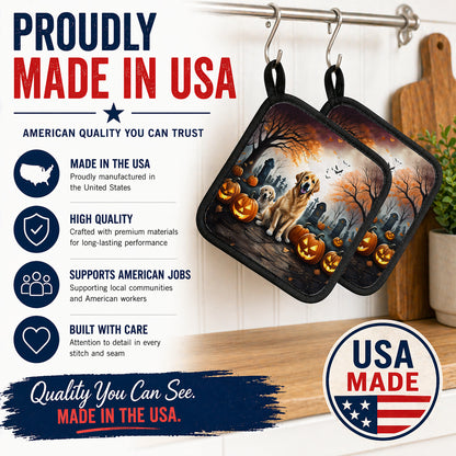 Caroline's Treasures DAC2043PTHD Golden Retriever Spooky Halloween Pair of Pot Holders Kitchen Heat Resistant Pot Holders Sets Oven Hot Pads for Cooking Baking BBQ, 7 1/2 x 7 1/2