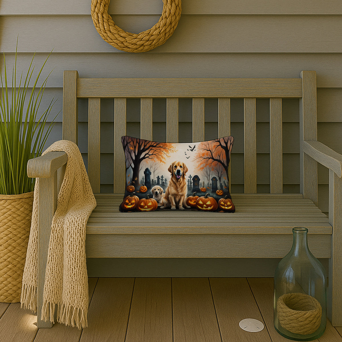 Caroline's Treasures DAC2043PW1216 Golden Retriever Spooky Halloween Fabric Decorative Pillow Machine Washable, Indoor Outdoor Decorative Pillow for Couch, Bed or Patio, 12HX16W