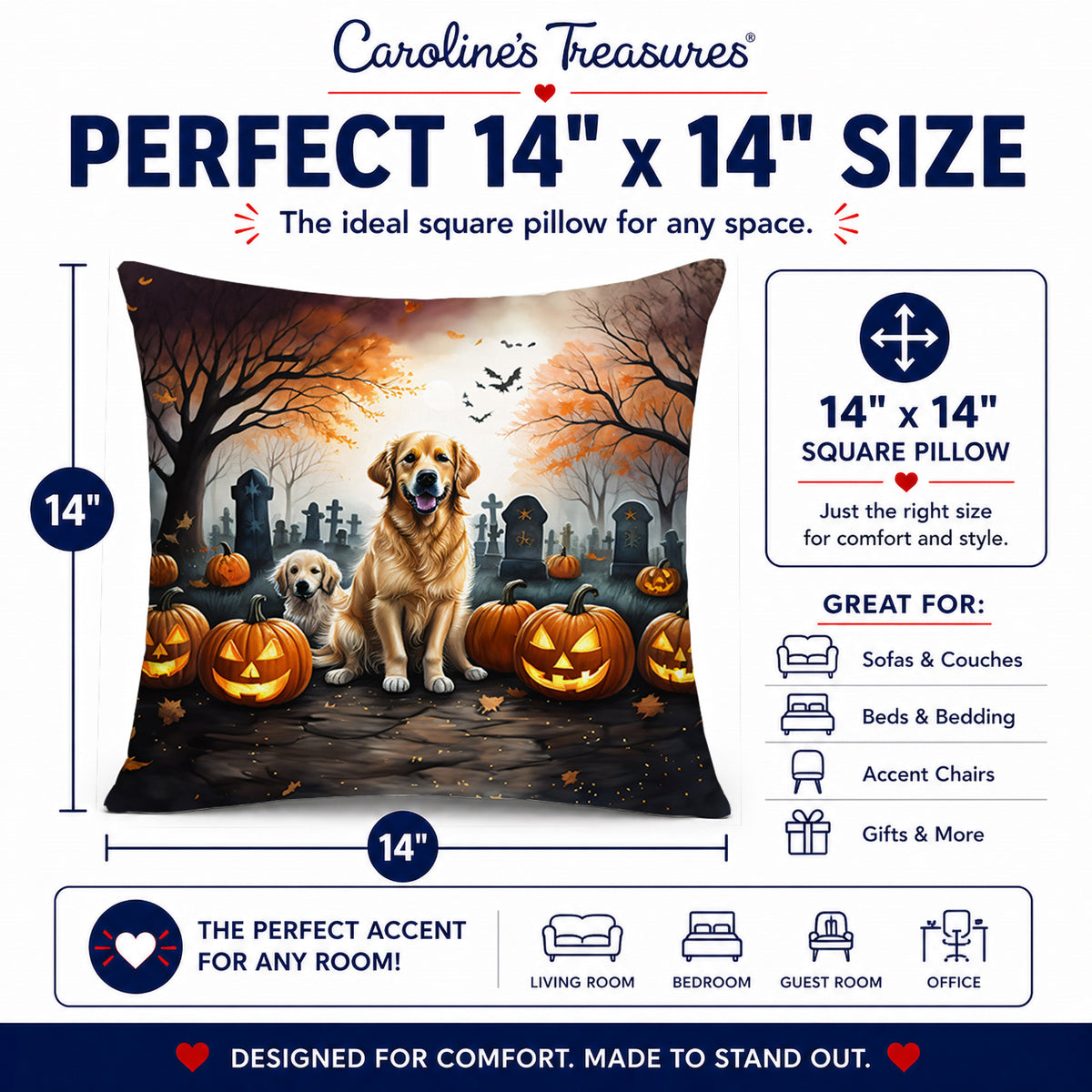 Caroline's Treasures DAC2043PW1414 Golden Retriever Spooky Halloween Fabric Decorative Pillow Machine Washable, Indoor Outdoor Decorative Pillow for Couch, Bed or Patio, 14Hx14W