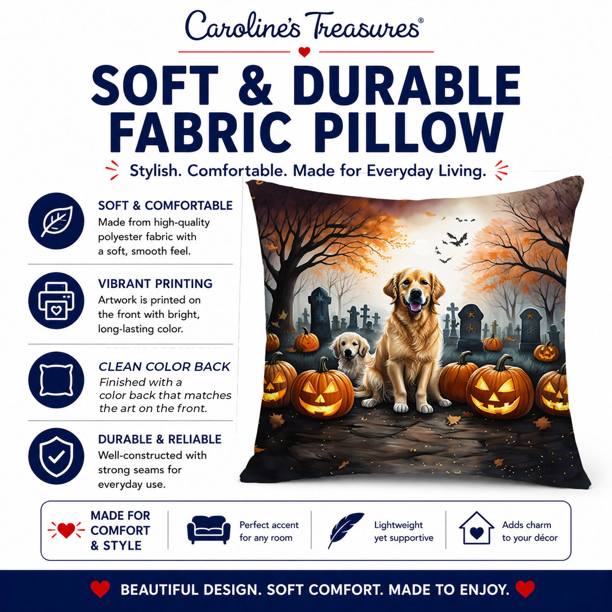 Caroline's Treasures DAC2043PW1818 Golden Retriever Spooky Halloween Fabric Decorative Pillow Machine Washable, Indoor Outdoor Decorative Pillow for Couch, Bed or Patio, 18Hx18W