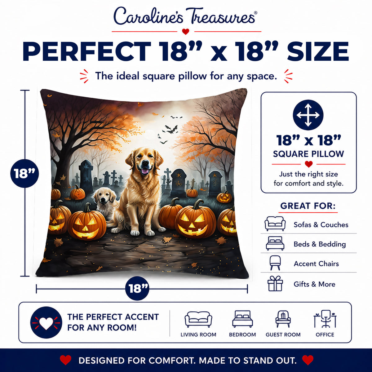 Caroline's Treasures DAC2043PW1818 Golden Retriever Spooky Halloween Fabric Decorative Pillow Machine Washable, Indoor Outdoor Decorative Pillow for Couch, Bed or Patio, 18Hx18W