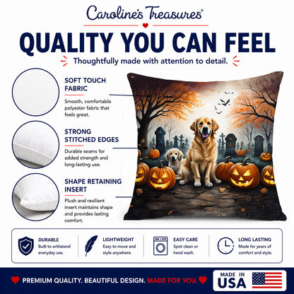 Caroline's Treasures DAC2043PW1818 Golden Retriever Spooky Halloween Fabric Decorative Pillow Machine Washable, Indoor Outdoor Decorative Pillow for Couch, Bed or Patio, 18Hx18W