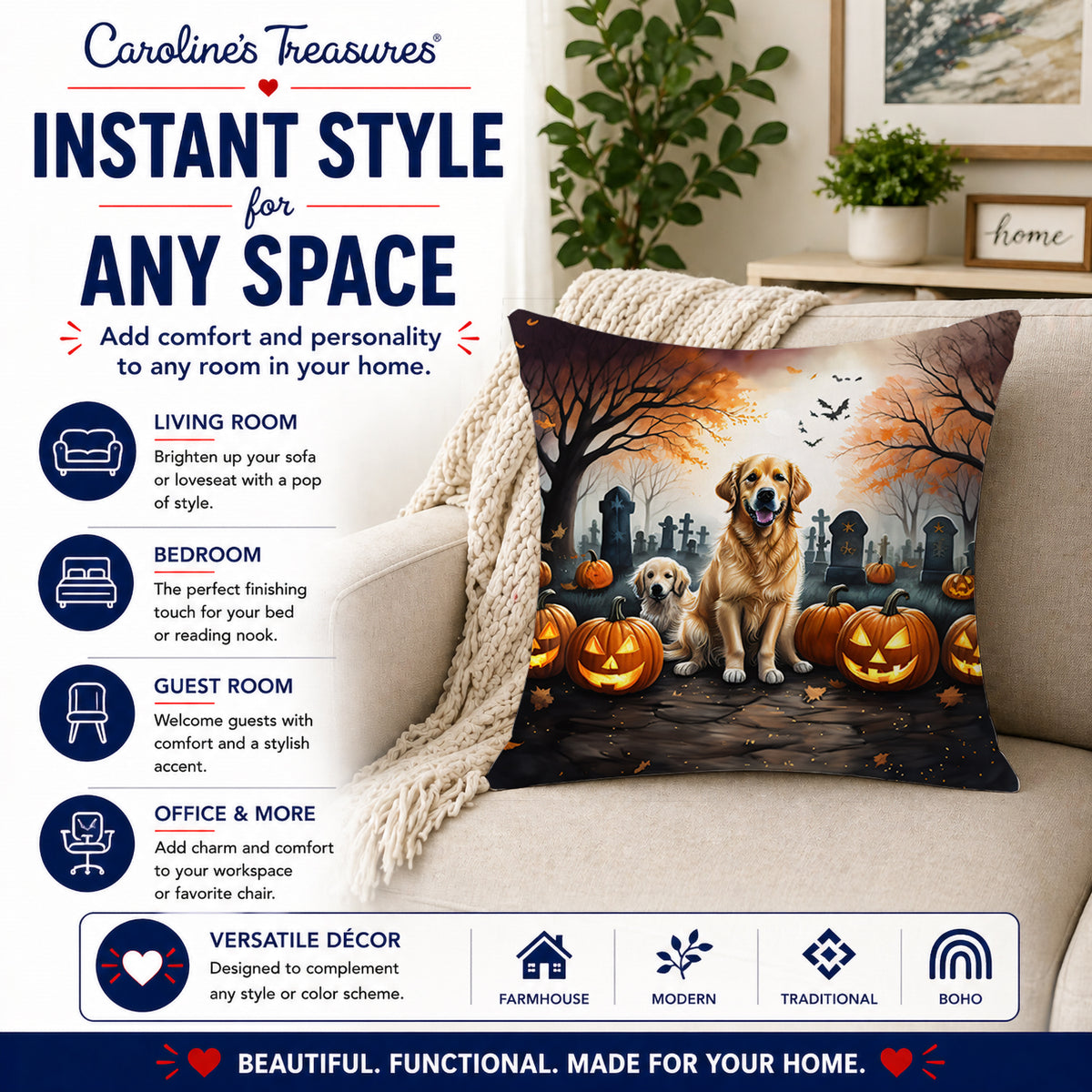 Caroline's Treasures DAC2043PW1818 Golden Retriever Spooky Halloween Fabric Decorative Pillow Machine Washable, Indoor Outdoor Decorative Pillow for Couch, Bed or Patio, 18Hx18W