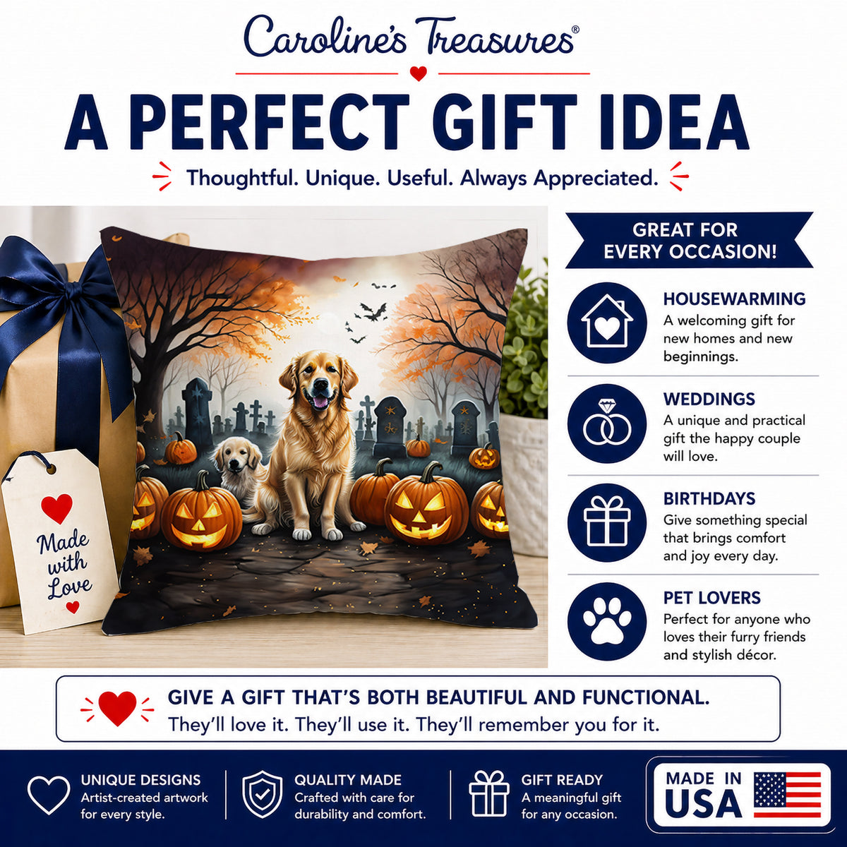 Caroline's Treasures DAC2043PW1818 Golden Retriever Spooky Halloween Fabric Decorative Pillow Machine Washable, Indoor Outdoor Decorative Pillow for Couch, Bed or Patio, 18Hx18W