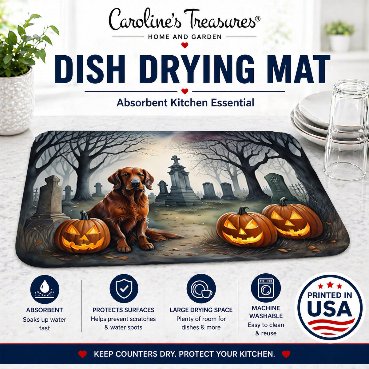 Caroline's Treasures DAC2044DDM Irish Setter Spooky Halloween Dish Drying Mat Absorbent Dish Drying Mat Pad for Kitchen Counter Dish Drainer Mat for Countertop, 14 x 21, Multicolor