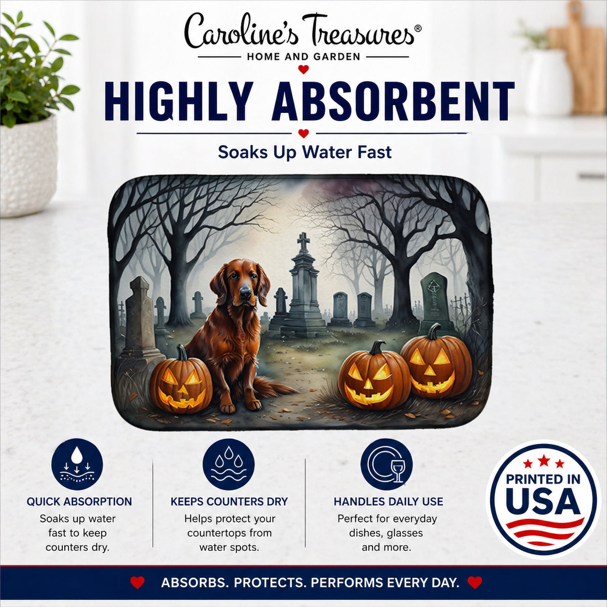 Caroline's Treasures DAC2044DDM Irish Setter Spooky Halloween Dish Drying Mat Absorbent Dish Drying Mat Pad for Kitchen Counter Dish Drainer Mat for Countertop, 14 x 21, Multicolor