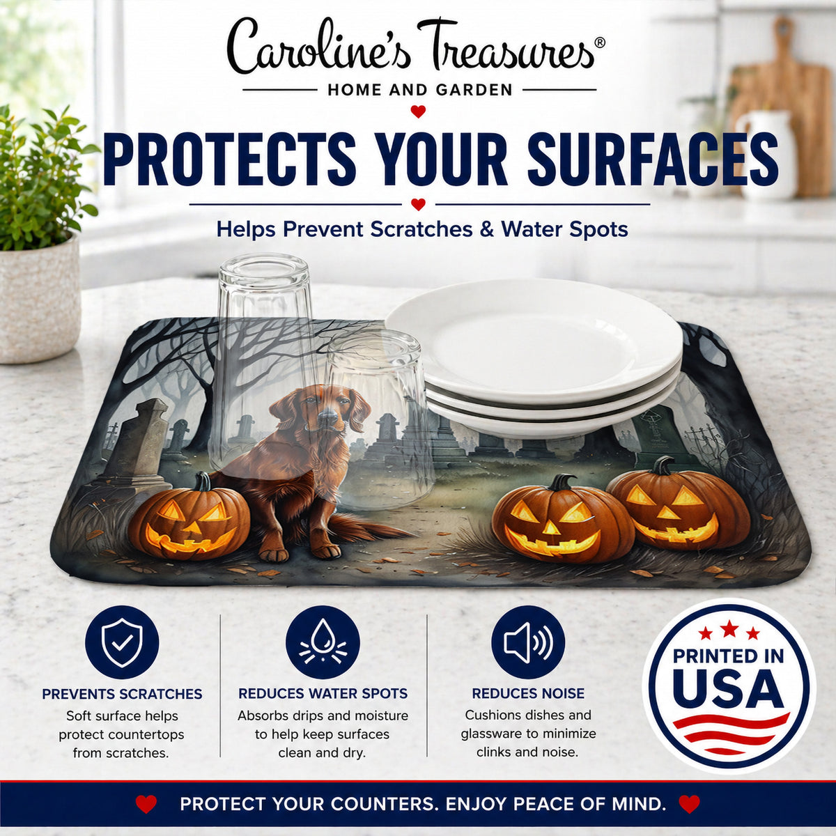 Caroline's Treasures DAC2044DDM Irish Setter Spooky Halloween Dish Drying Mat Absorbent Dish Drying Mat Pad for Kitchen Counter Dish Drainer Mat for Countertop, 14 x 21, Multicolor