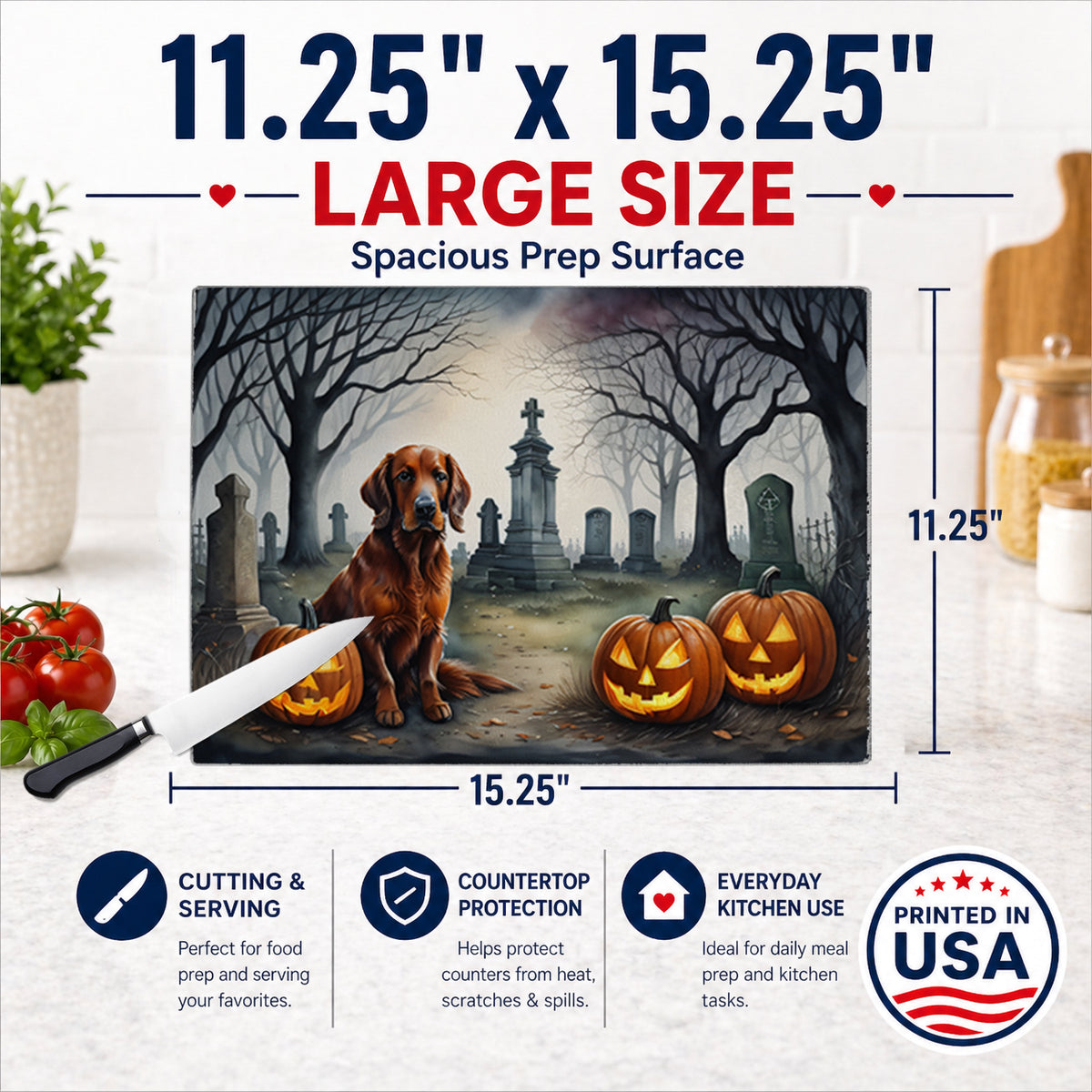 Caroline's Treasures DAC2044LCB Irish Setter Spooky Halloween Glass Cutting Board Large Decorative Tempered Glass Kitchen Cutting and Serving Board Large Size Chopping Board