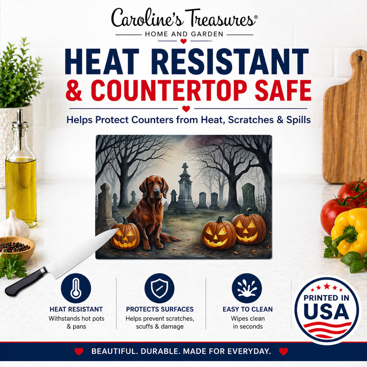 Caroline's Treasures DAC2044LCB Irish Setter Spooky Halloween Glass Cutting Board Large Decorative Tempered Glass Kitchen Cutting and Serving Board Large Size Chopping Board