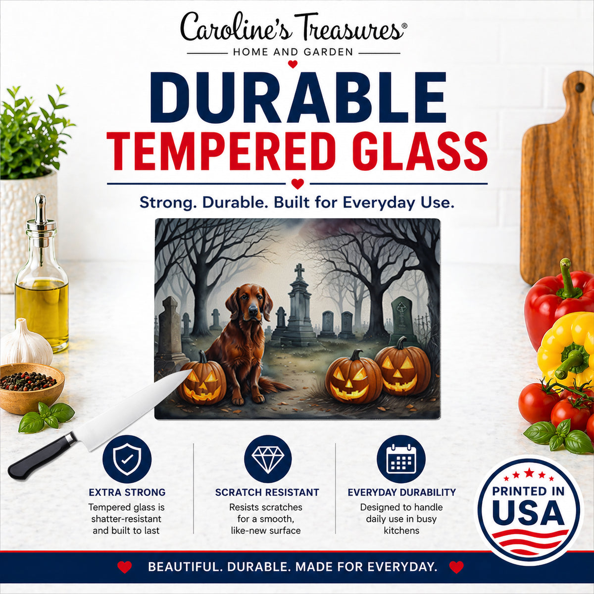 Caroline's Treasures DAC2044LCB Irish Setter Spooky Halloween Glass Cutting Board Large Decorative Tempered Glass Kitchen Cutting and Serving Board Large Size Chopping Board