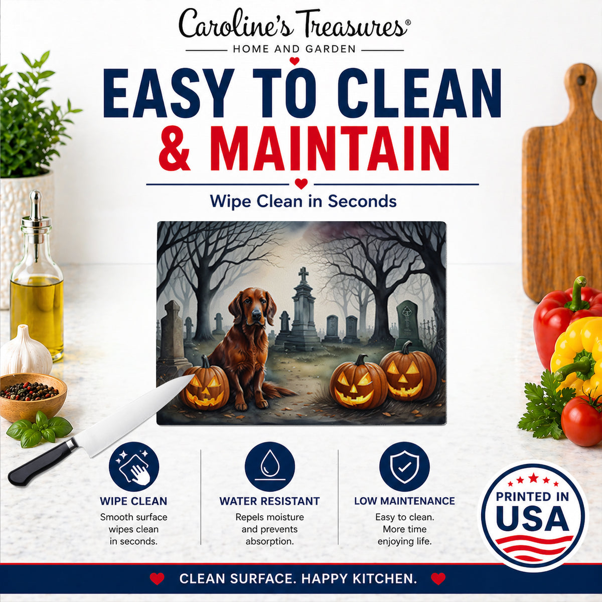 Caroline's Treasures DAC2044LCB Irish Setter Spooky Halloween Glass Cutting Board Large Decorative Tempered Glass Kitchen Cutting and Serving Board Large Size Chopping Board