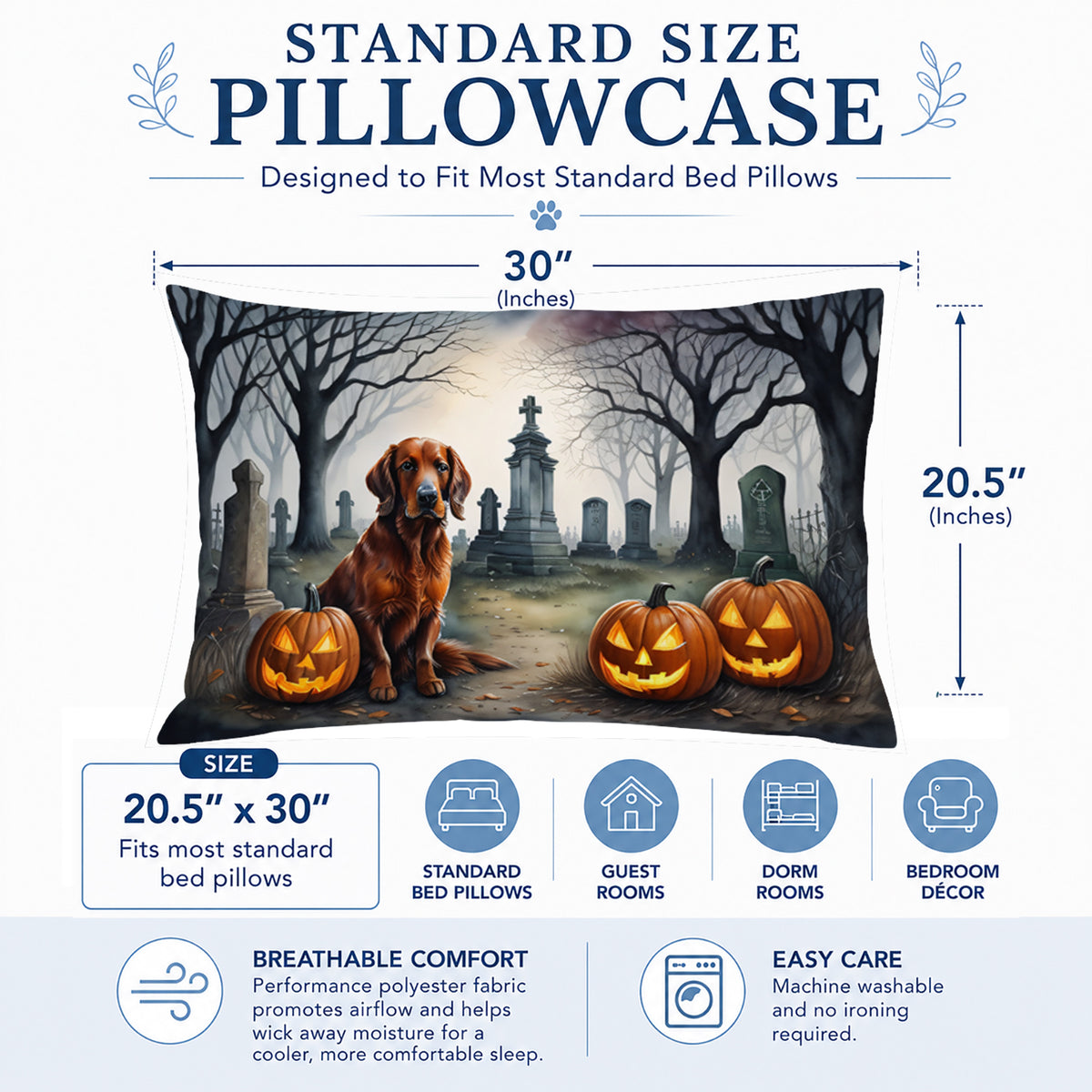 Caroline's Treasures DAC2044PILLOWCASE Irish Setter Spooky Halloween Fabric Standard Pillowcase Lightweight Super Soft Easy Care Decorative Artwork Pillowcase, Standard