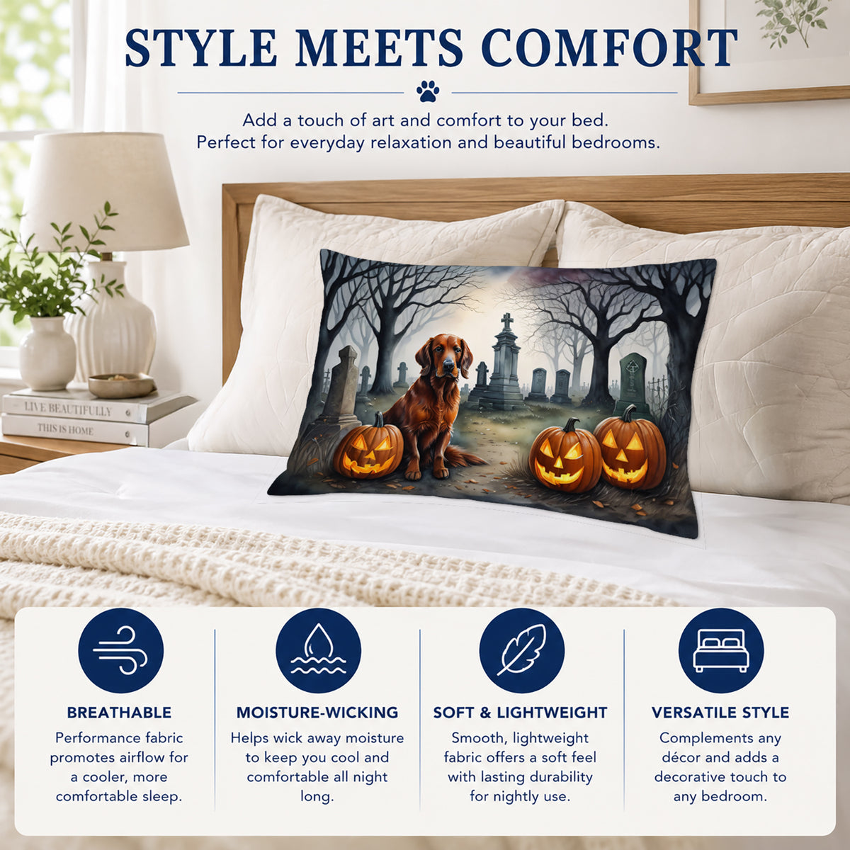 Caroline's Treasures DAC2044PILLOWCASE Irish Setter Spooky Halloween Fabric Standard Pillowcase Lightweight Super Soft Easy Care Decorative Artwork Pillowcase, Standard