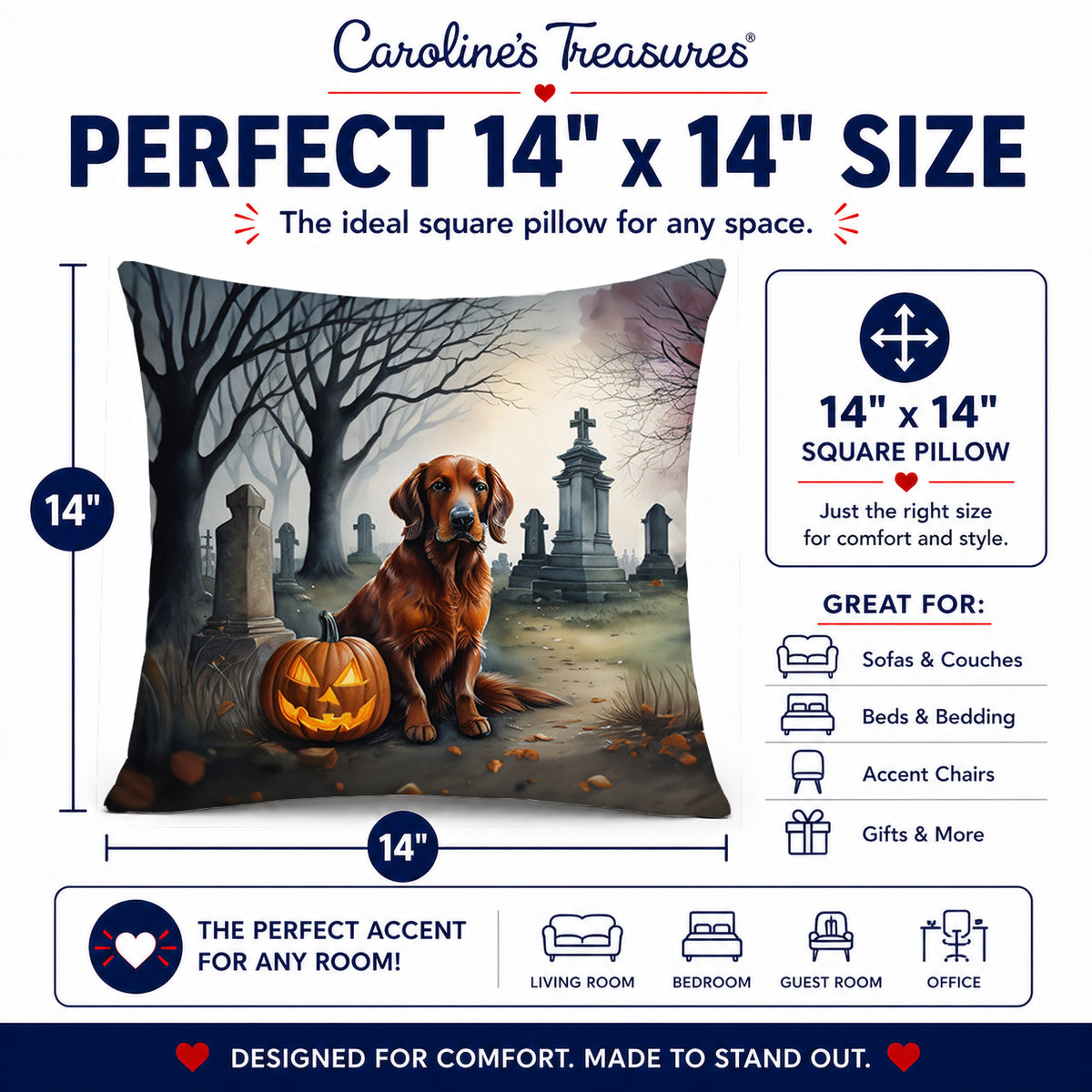 Caroline's Treasures DAC2044PW1414 Irish Setter Spooky Halloween Fabric Decorative Pillow Machine Washable, Indoor Outdoor Decorative Pillow for Couch, Bed or Patio, 14Hx14W