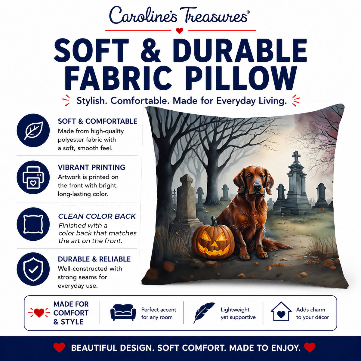 Caroline's Treasures DAC2044PW1818 Irish Setter Spooky Halloween Fabric Decorative Pillow Machine Washable, Indoor Outdoor Decorative Pillow for Couch, Bed or Patio, 18Hx18W