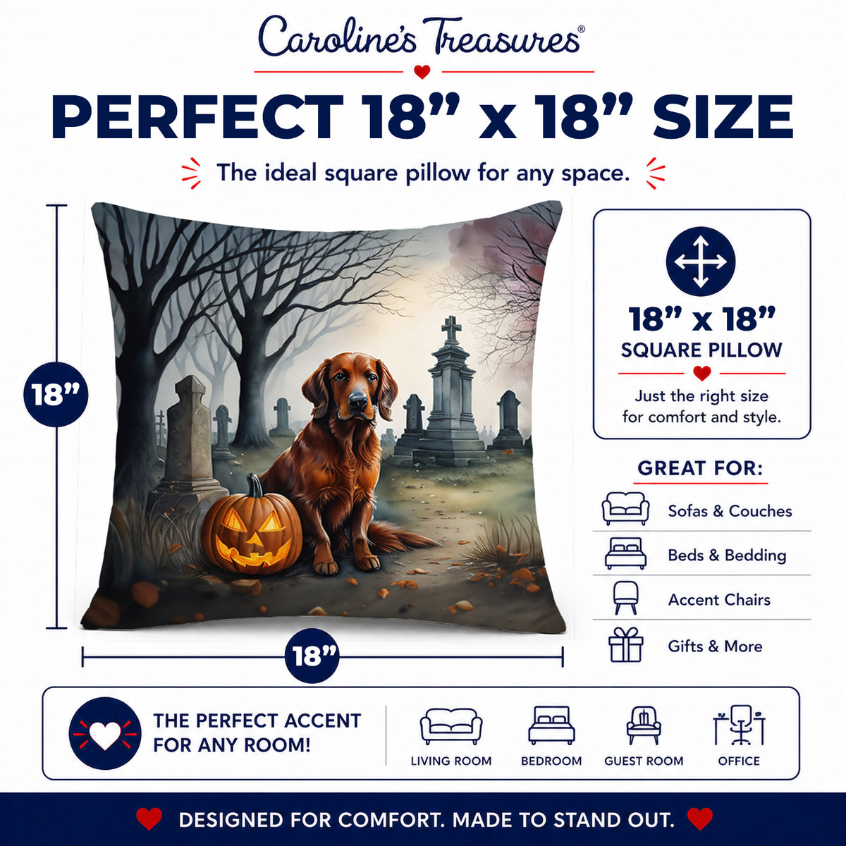 Caroline's Treasures DAC2044PW1818 Irish Setter Spooky Halloween Fabric Decorative Pillow Machine Washable, Indoor Outdoor Decorative Pillow for Couch, Bed or Patio, 18Hx18W