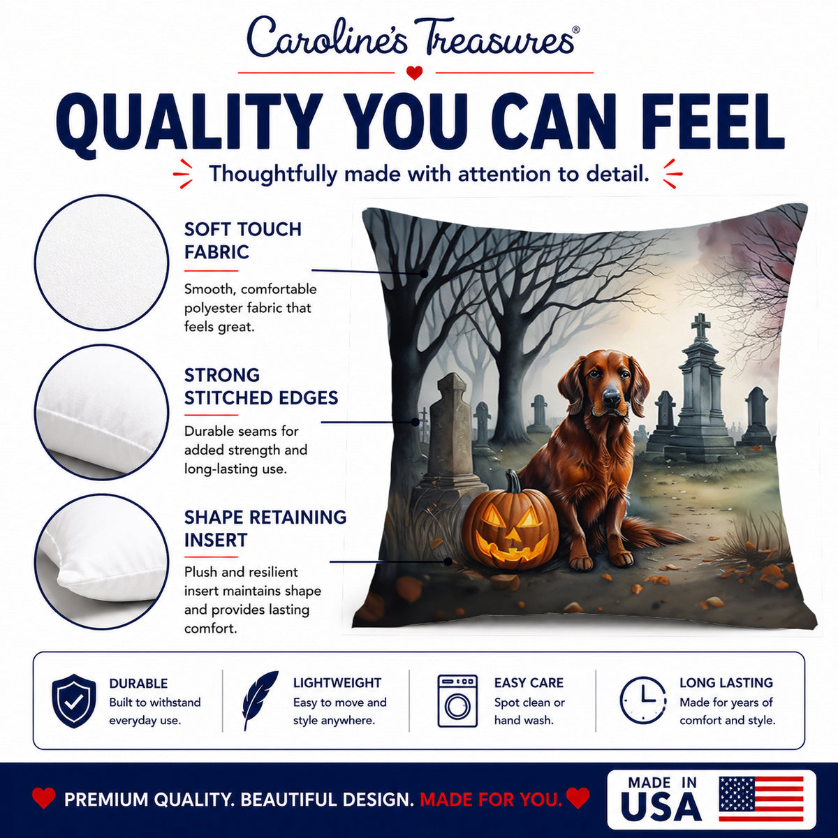 Caroline's Treasures DAC2044PW1818 Irish Setter Spooky Halloween Fabric Decorative Pillow Machine Washable, Indoor Outdoor Decorative Pillow for Couch, Bed or Patio, 18Hx18W