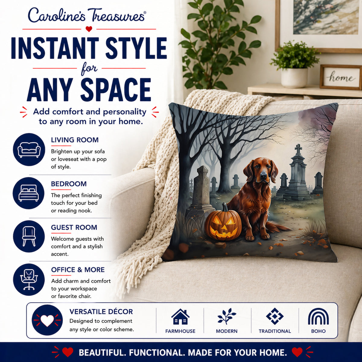 Caroline's Treasures DAC2044PW1818 Irish Setter Spooky Halloween Fabric Decorative Pillow Machine Washable, Indoor Outdoor Decorative Pillow for Couch, Bed or Patio, 18Hx18W