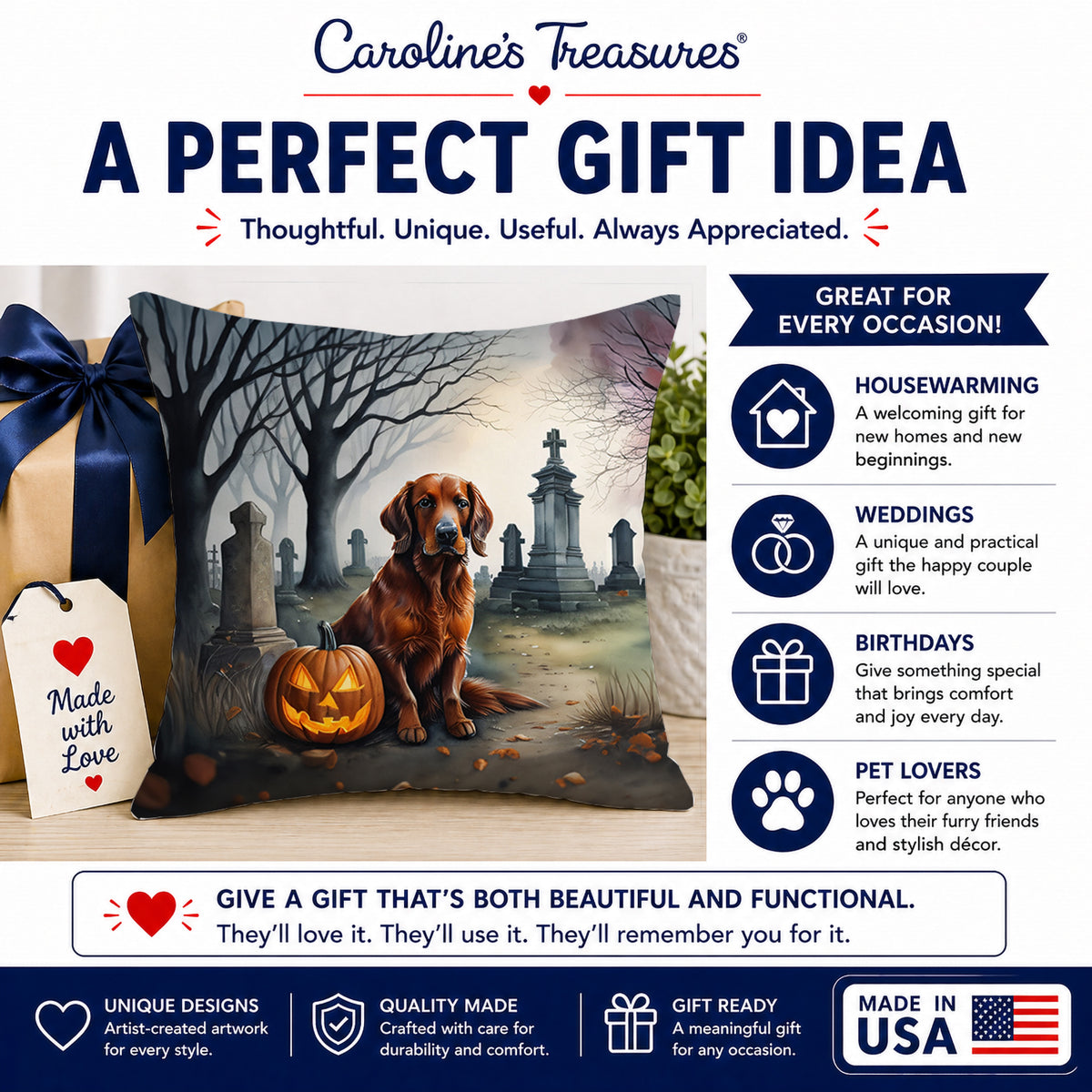 Caroline's Treasures DAC2044PW1818 Irish Setter Spooky Halloween Fabric Decorative Pillow Machine Washable, Indoor Outdoor Decorative Pillow for Couch, Bed or Patio, 18Hx18W