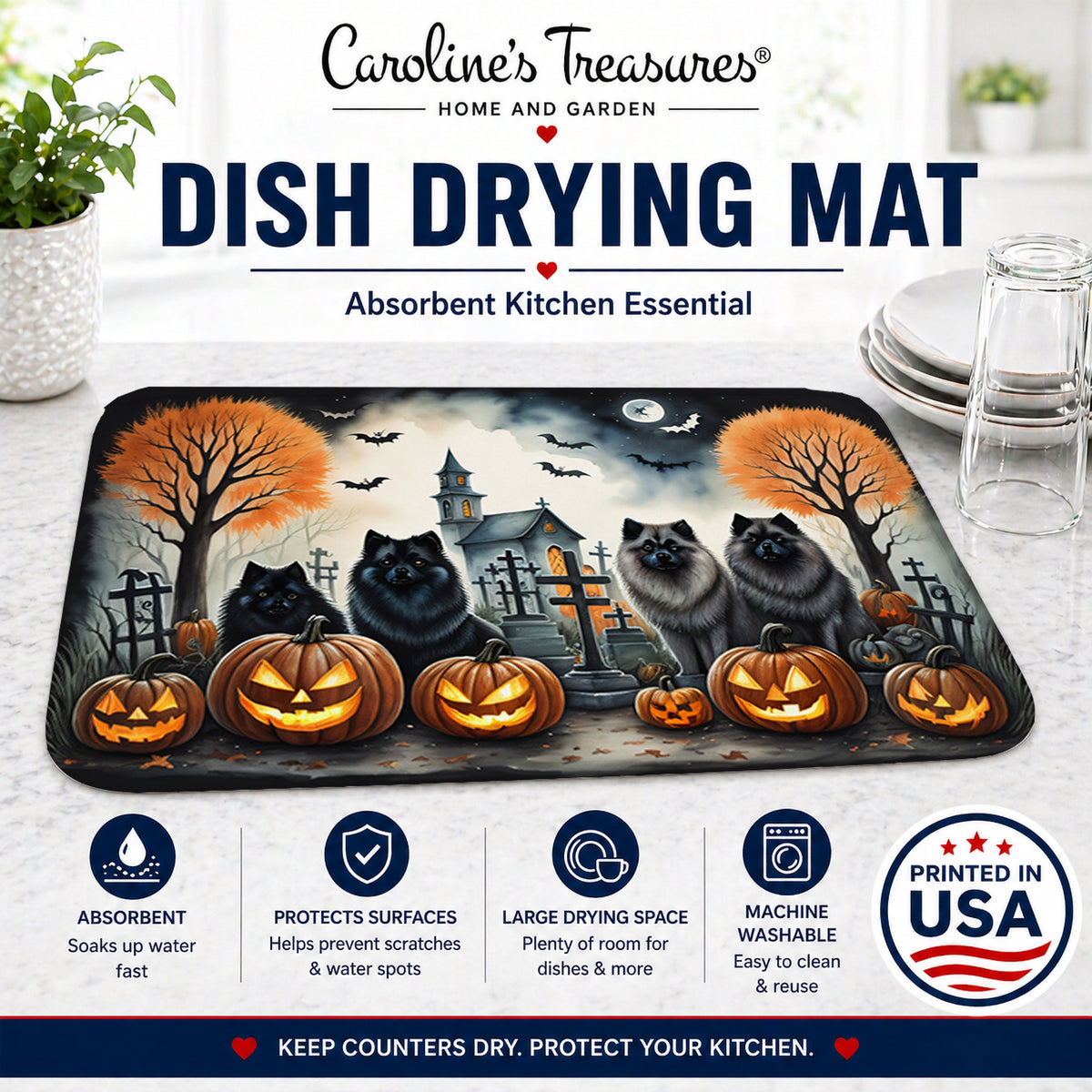 Caroline's Treasures DAC2045DDM Keeshond Spooky Halloween Dish Drying Mat Absorbent Dish Drying Mat Pad for Kitchen Counter Dish Drainer Mat for Countertop, 14 x 21, Multicolor