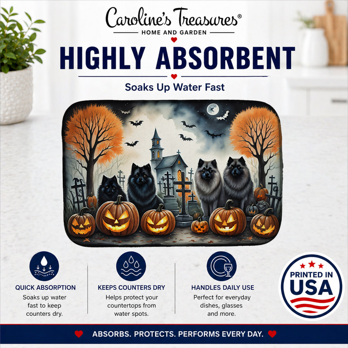 Caroline's Treasures DAC2045DDM Keeshond Spooky Halloween Dish Drying Mat Absorbent Dish Drying Mat Pad for Kitchen Counter Dish Drainer Mat for Countertop, 14 x 21, Multicolor
