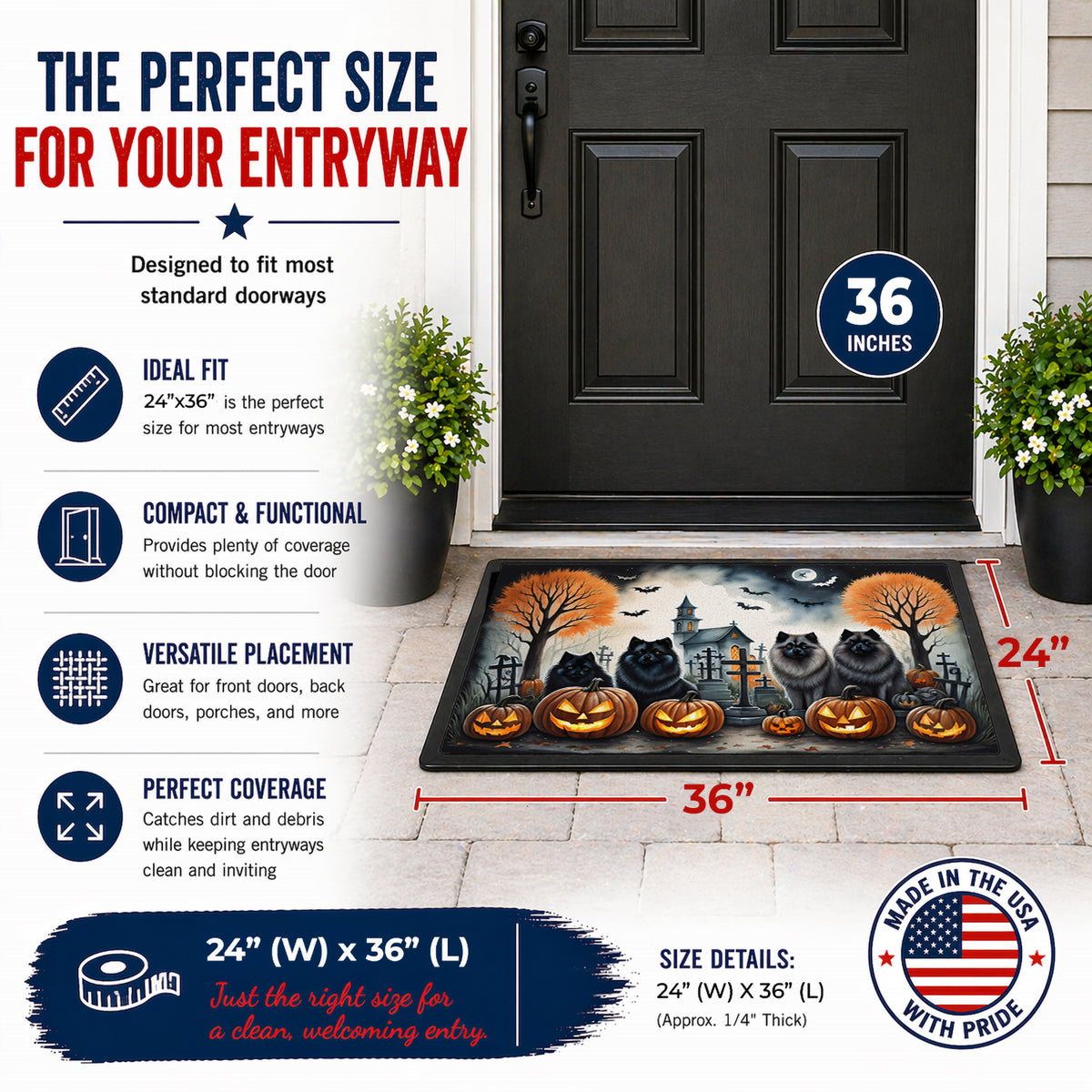 Caroline's Treasures DAC2045JMAT Keeshond Spooky Halloween Indoor or Outdoor Mat 24x36 Front Door Mat Indoor Outdoor Rugs for Entryway, Non Slip Washable Low Pile, 24H X 36W