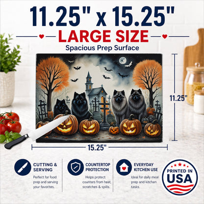 Caroline's Treasures DAC2045LCB Keeshond Spooky Halloween Glass Cutting Board Large Decorative Tempered Glass Kitchen Cutting and Serving Board Large Size Chopping Board