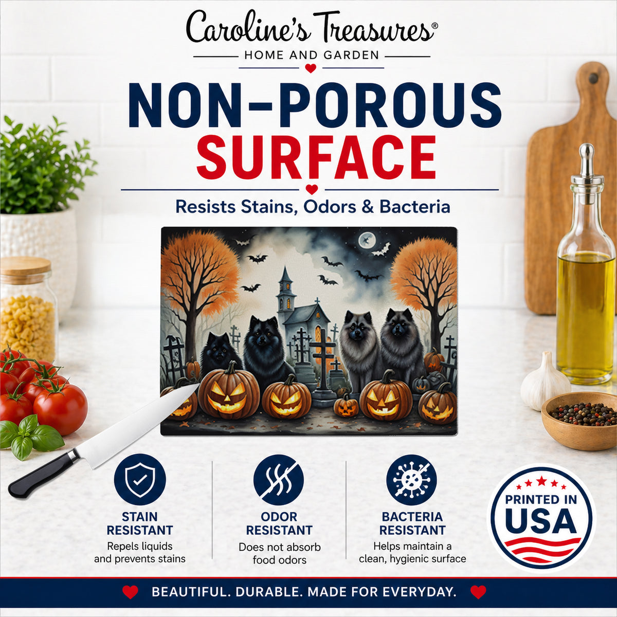 Caroline's Treasures DAC2045LCB Keeshond Spooky Halloween Glass Cutting Board Large Decorative Tempered Glass Kitchen Cutting and Serving Board Large Size Chopping Board