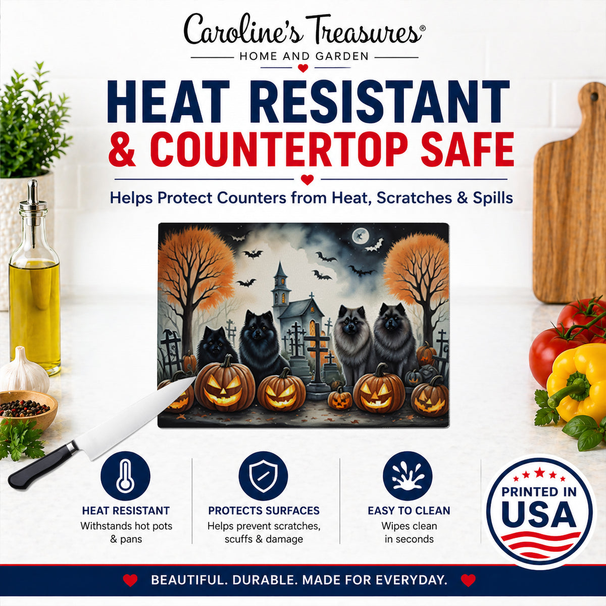 Caroline's Treasures DAC2045LCB Keeshond Spooky Halloween Glass Cutting Board Large Decorative Tempered Glass Kitchen Cutting and Serving Board Large Size Chopping Board