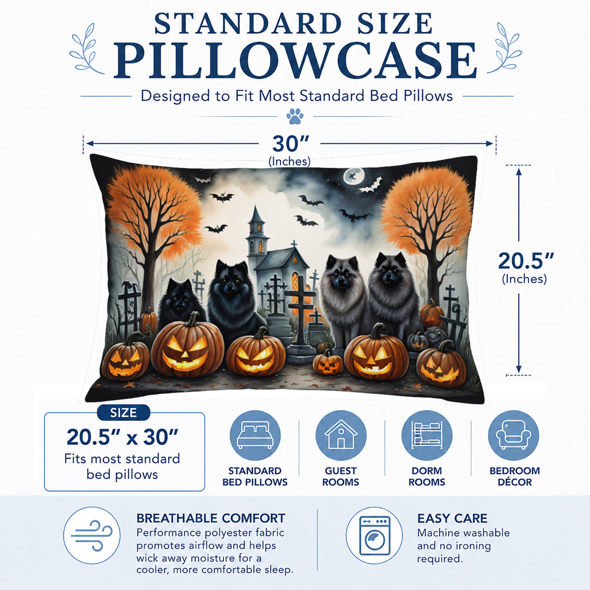 Caroline's Treasures DAC2045PILLOWCASE Keeshond Spooky Halloween Fabric Standard Pillowcase Lightweight Super Soft Easy Care Decorative Artwork Pillowcase, Standard
