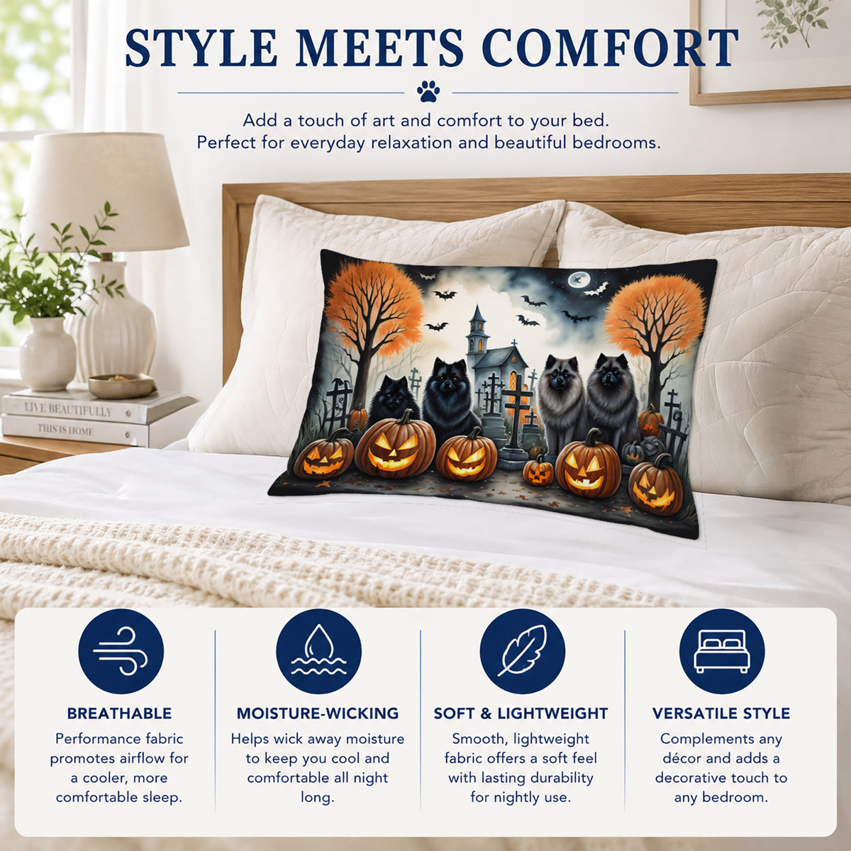 Caroline's Treasures DAC2045PILLOWCASE Keeshond Spooky Halloween Fabric Standard Pillowcase Lightweight Super Soft Easy Care Decorative Artwork Pillowcase, Standard