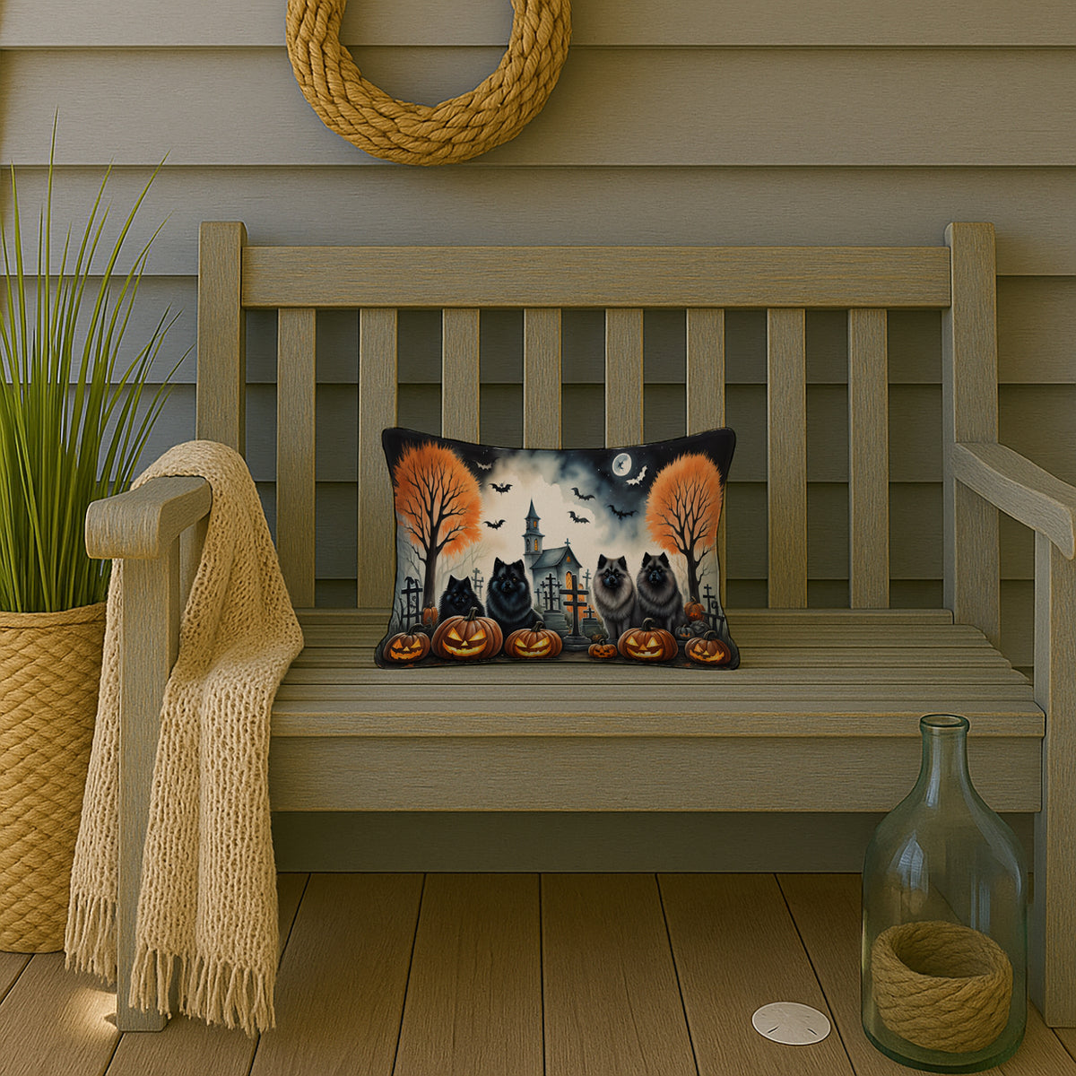 Caroline's Treasures DAC2045PW1216 Keeshond Spooky Halloween Fabric Decorative Pillow Machine Washable, Indoor Outdoor Decorative Pillow for Couch, Bed or Patio, 12HX16W