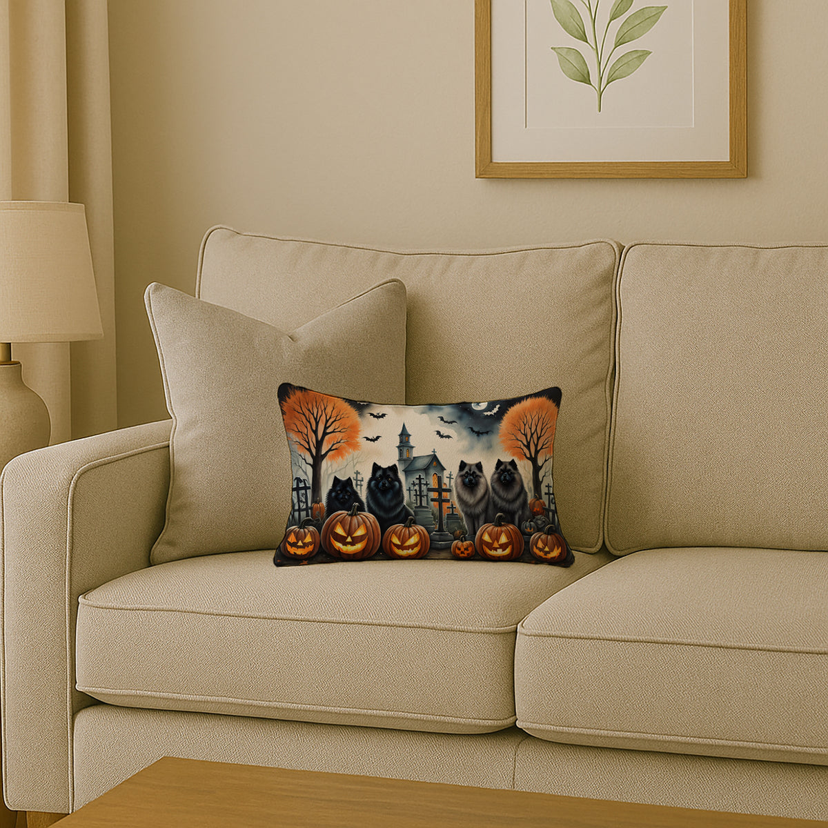 Caroline's Treasures DAC2045PW1216 Keeshond Spooky Halloween Fabric Decorative Pillow Machine Washable, Indoor Outdoor Decorative Pillow for Couch, Bed or Patio, 12HX16W