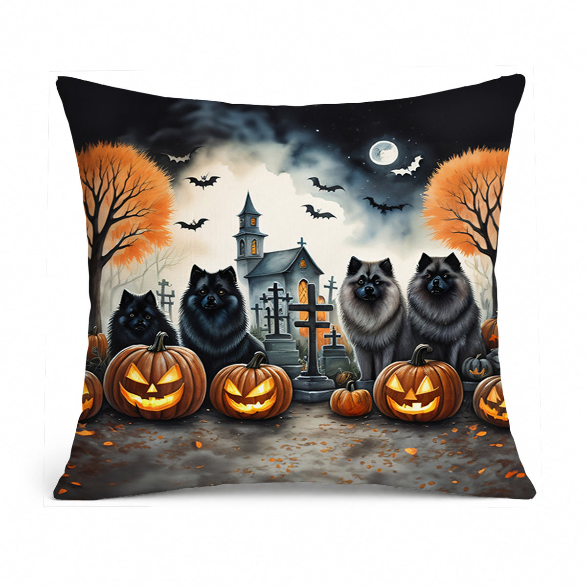 Caroline's Treasures DAC2045PW1414 Keeshond Spooky Halloween Fabric Decorative Pillow Machine Washable, Indoor Outdoor Decorative Pillow for Couch, Bed or Patio, 14Hx14W