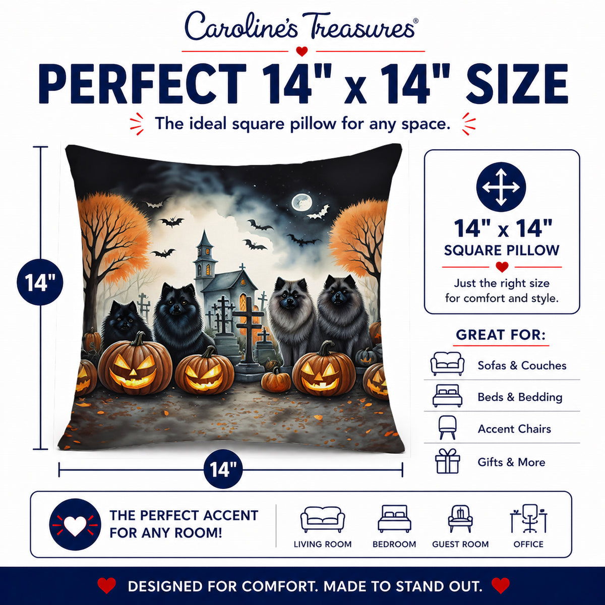 Caroline's Treasures DAC2045PW1414 Keeshond Spooky Halloween Fabric Decorative Pillow Machine Washable, Indoor Outdoor Decorative Pillow for Couch, Bed or Patio, 14Hx14W