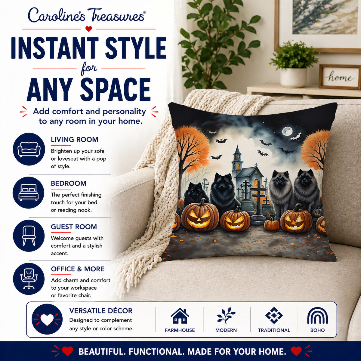Caroline's Treasures DAC2045PW1414 Keeshond Spooky Halloween Fabric Decorative Pillow Machine Washable, Indoor Outdoor Decorative Pillow for Couch, Bed or Patio, 14Hx14W