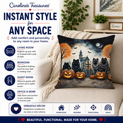 Caroline's Treasures DAC2045PW1414 Keeshond Spooky Halloween Fabric Decorative Pillow Machine Washable, Indoor Outdoor Decorative Pillow for Couch, Bed or Patio, 14Hx14W