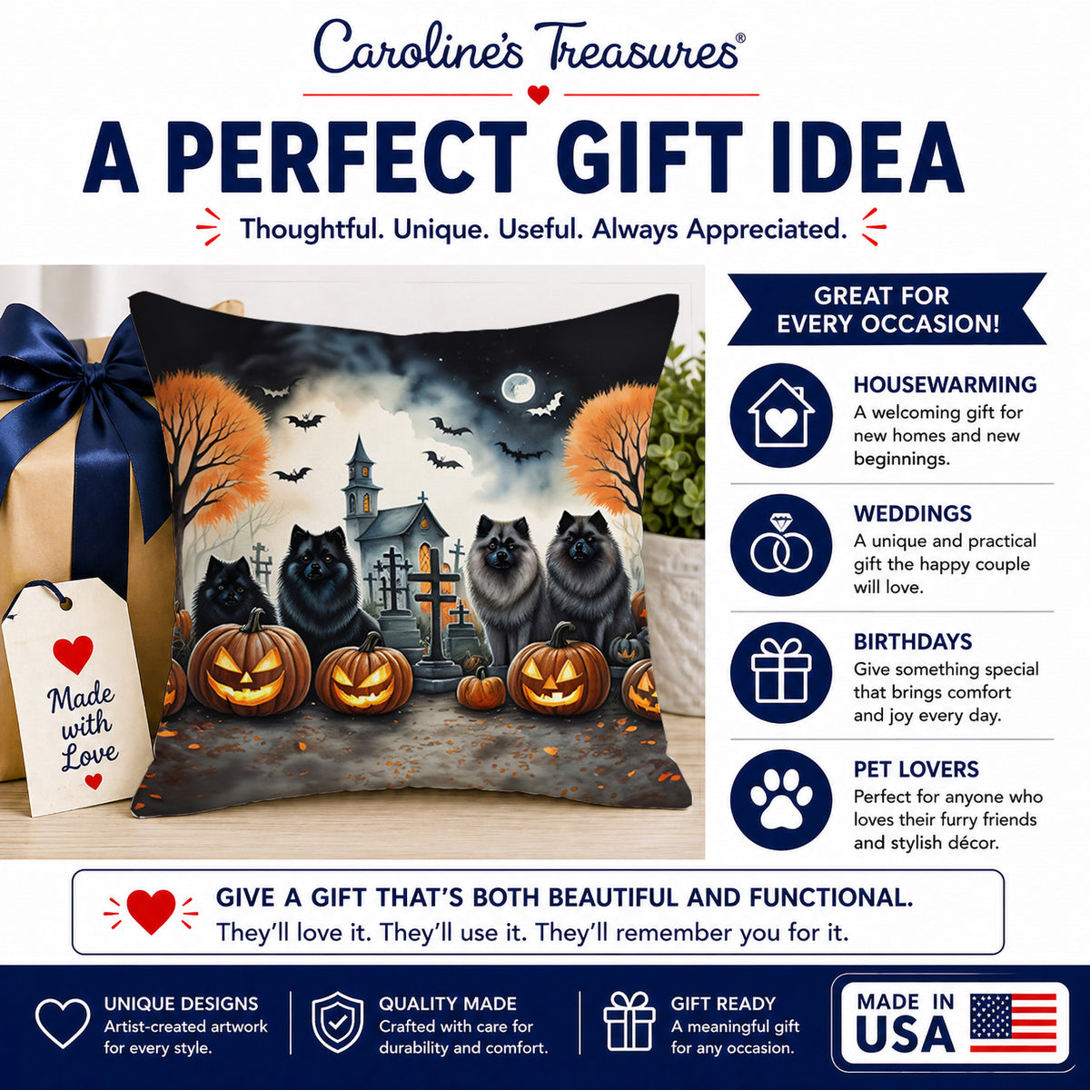 Caroline's Treasures DAC2045PW1414 Keeshond Spooky Halloween Fabric Decorative Pillow Machine Washable, Indoor Outdoor Decorative Pillow for Couch, Bed or Patio, 14Hx14W