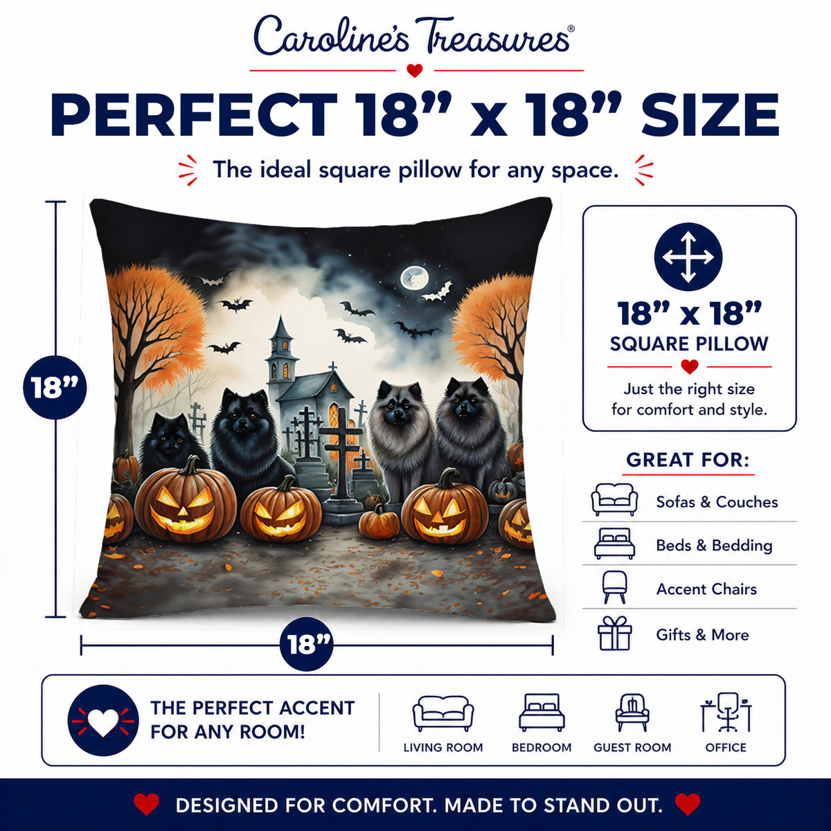 Caroline's Treasures DAC2045PW1818 Keeshond Spooky Halloween Fabric Decorative Pillow Machine Washable, Indoor Outdoor Decorative Pillow for Couch, Bed or Patio, 18Hx18W