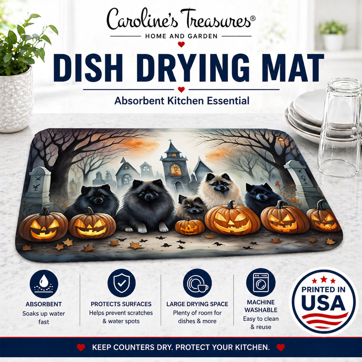 Caroline's Treasures DAC2046DDM Keeshond Spooky Halloween Dish Drying Mat Absorbent Dish Drying Mat Pad for Kitchen Counter Dish Drainer Mat for Countertop, 14 x 21, Multicolor