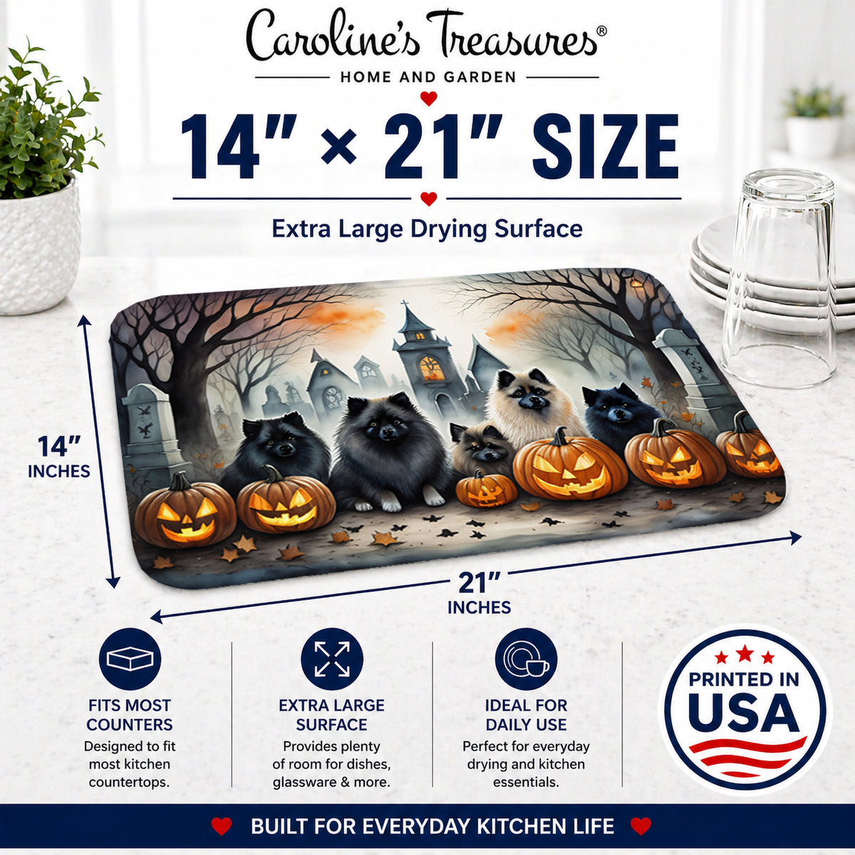 Caroline's Treasures DAC2046DDM Keeshond Spooky Halloween Dish Drying Mat Absorbent Dish Drying Mat Pad for Kitchen Counter Dish Drainer Mat for Countertop, 14 x 21, Multicolor
