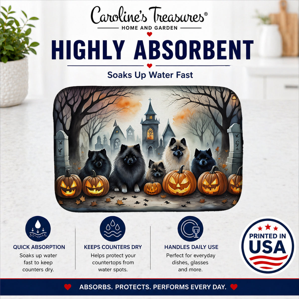 Caroline's Treasures DAC2046DDM Keeshond Spooky Halloween Dish Drying Mat Absorbent Dish Drying Mat Pad for Kitchen Counter Dish Drainer Mat for Countertop, 14 x 21, Multicolor