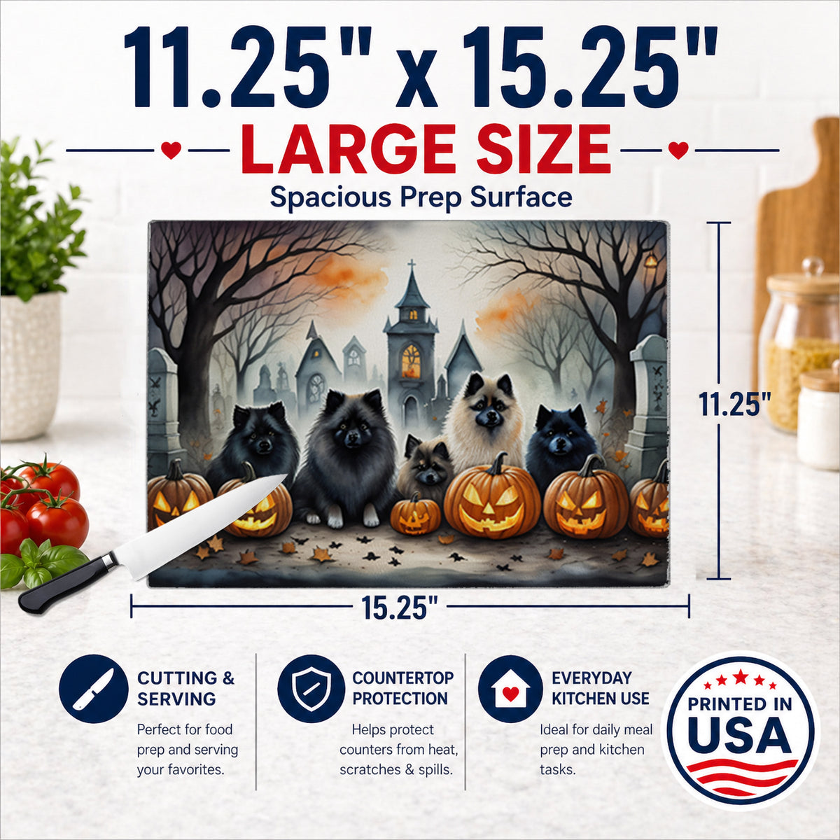 Caroline's Treasures DAC2046LCB Keeshond Spooky Halloween Glass Cutting Board Large Decorative Tempered Glass Kitchen Cutting and Serving Board Large Size Chopping Board
