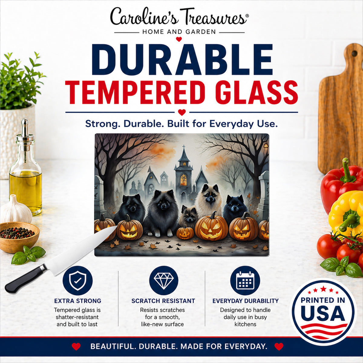 Caroline's Treasures DAC2046LCB Keeshond Spooky Halloween Glass Cutting Board Large Decorative Tempered Glass Kitchen Cutting and Serving Board Large Size Chopping Board